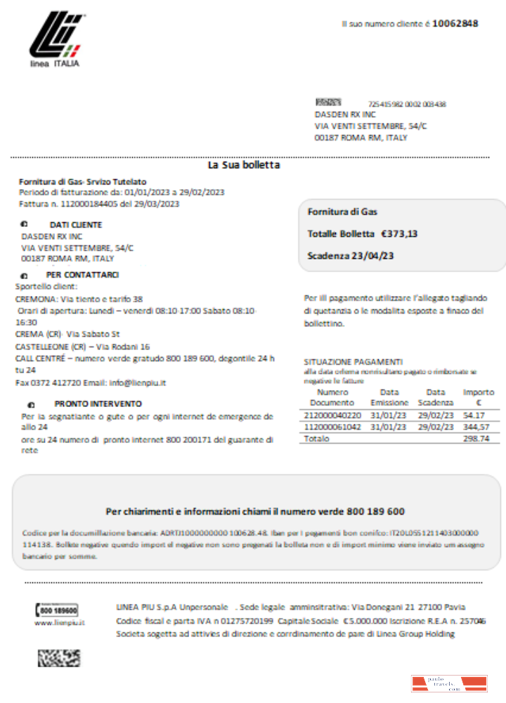 Linea Italia utility business bill,  SCR PSD template